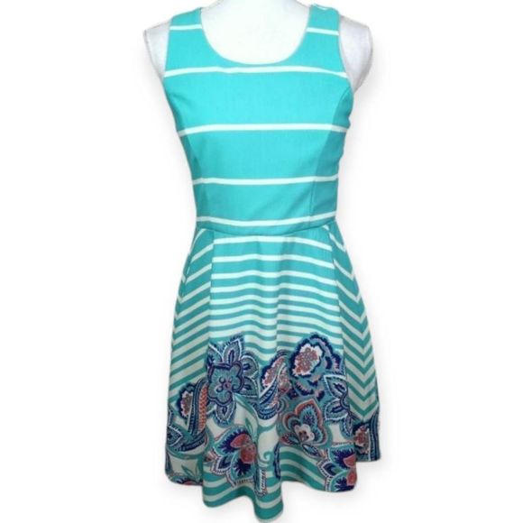 AS U WISH TURQUOISE & WHITE STRIPE & FLORAL DRESS SZ.L EUC. - Picture 1 of 8